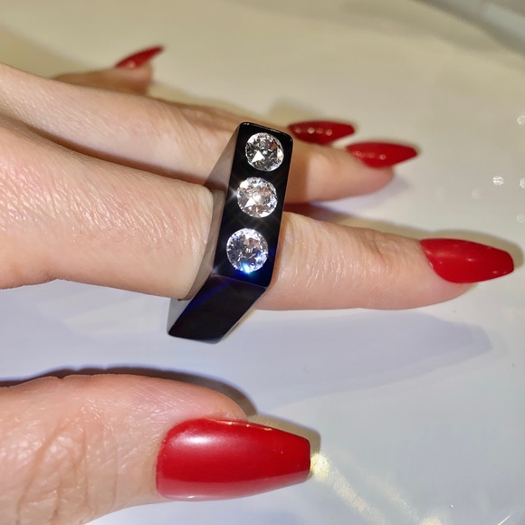 Black Acrylic Statement Ring Embellished With Genuine Crystals, Geometric Design - Picture 12 of 13